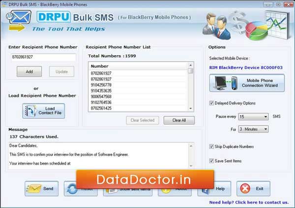 Screenshot of BlackBerry Bulk SMS Software