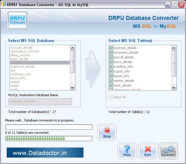 Screenshot of MSSQL to MySQL Database Conversion
