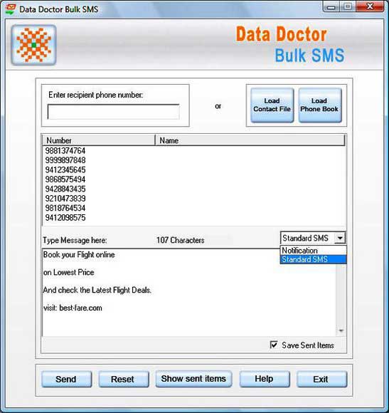 Screenshot of PDA Bulk Messages Software