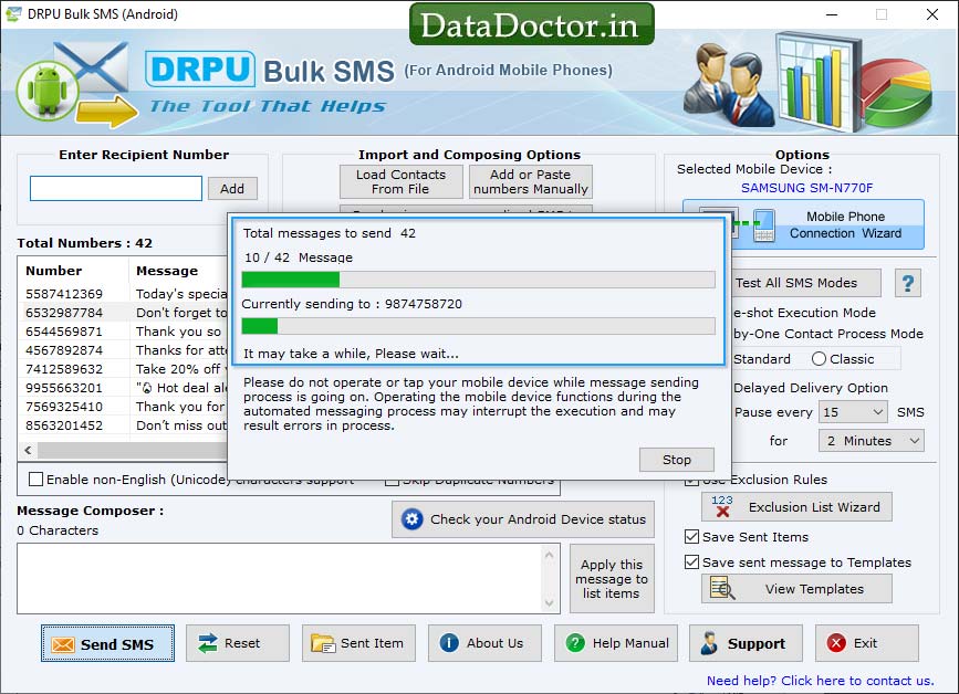Sending SMS in progress Sending SMS in progress