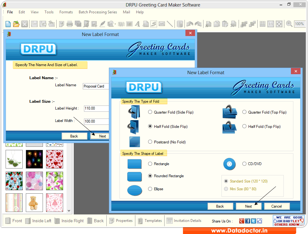 Screenshots of Greeting card maker software to design greeting card