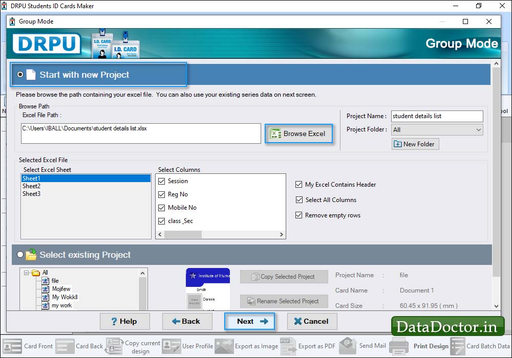Select Existing Project Student ID Cards Maker